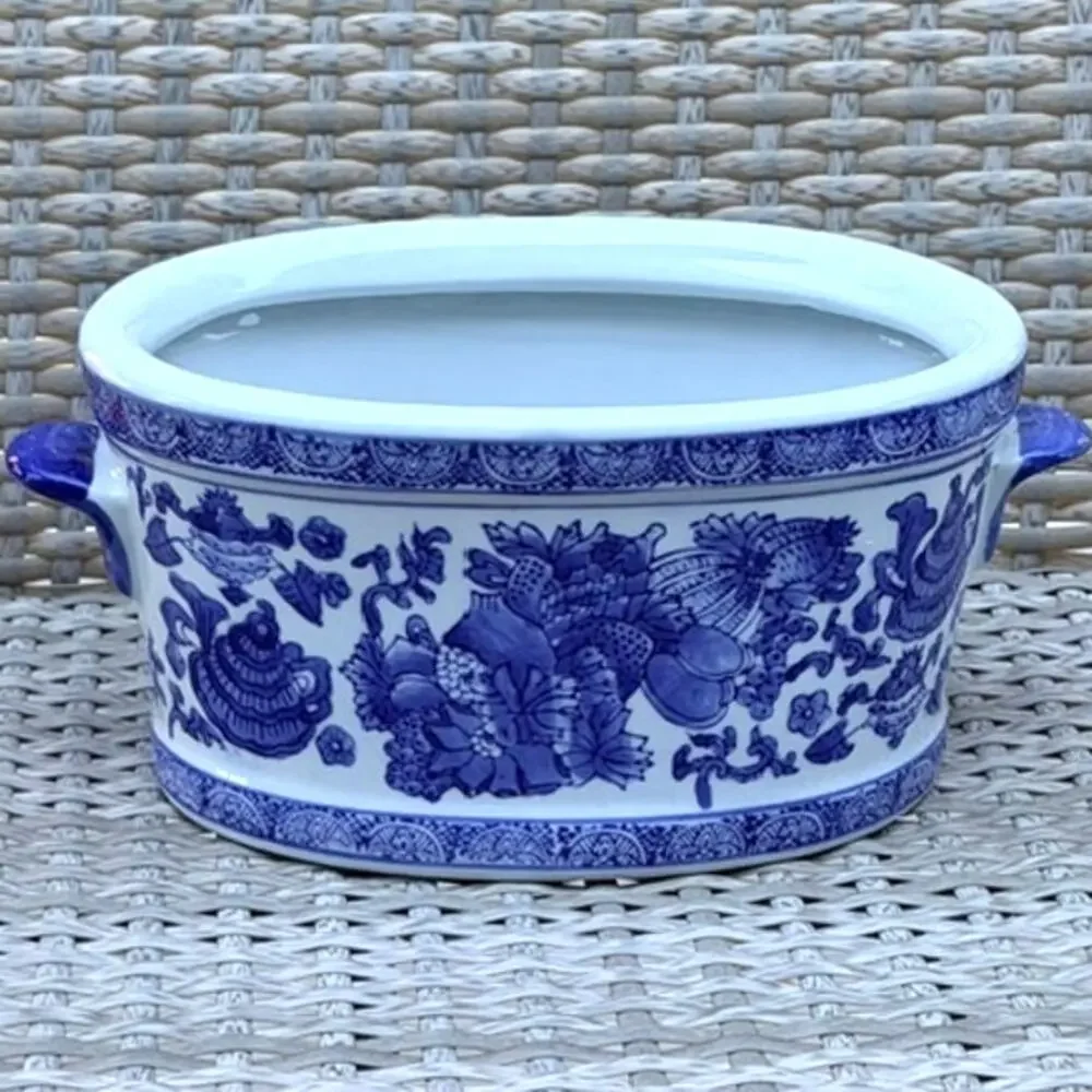 Blue & White Porcelain Chinoiserie Oval Cachepot Planter
